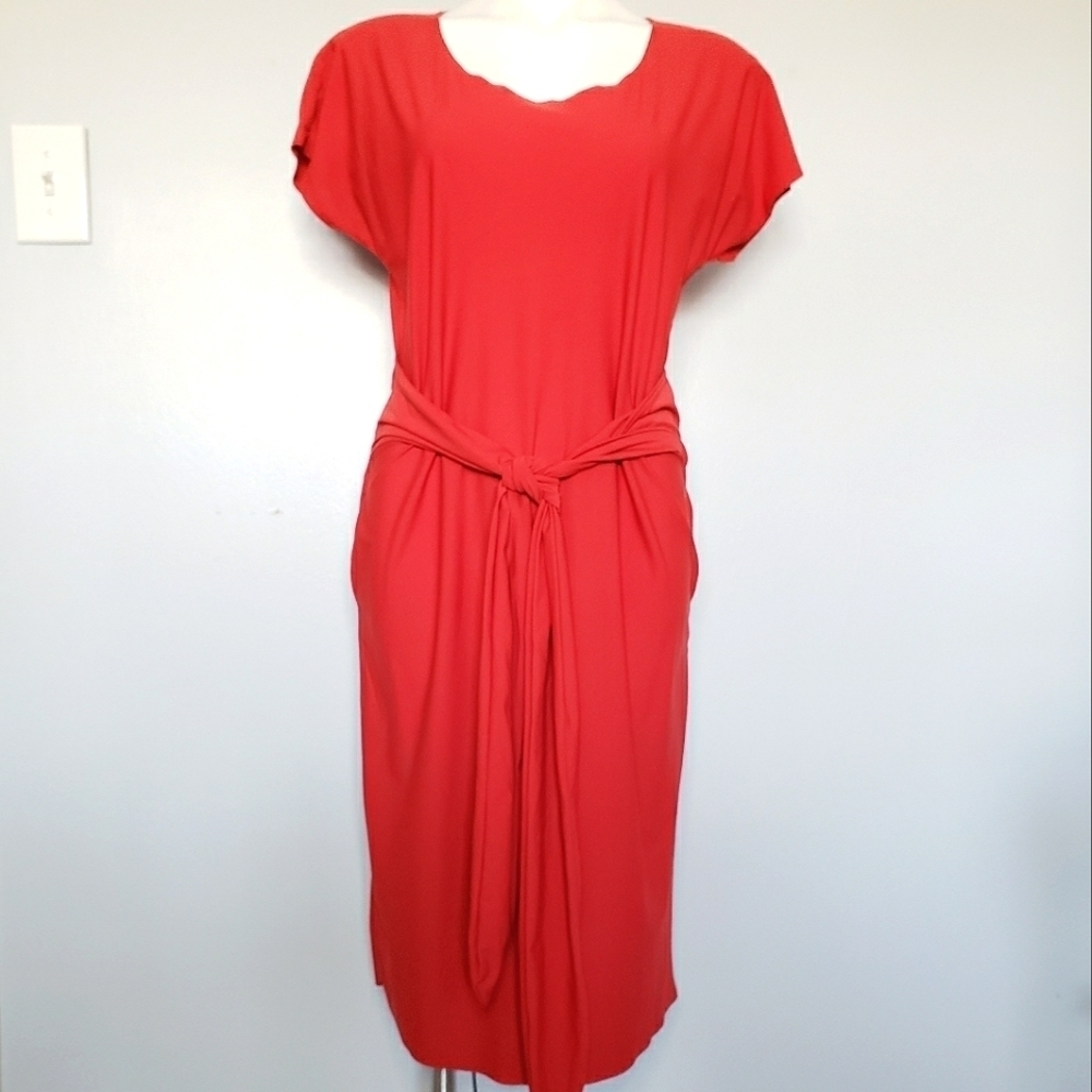 Rec Room T-shirt Tie Dress Waist Knot Cap Sleeve Midi Red Performance Pockets XS